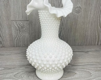 10 inch Fenton white hobnail milk glass vase / planter / decoration