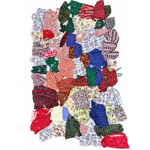 May include: A large collection of assorted fabric bonnets featuring a wide variety of patterns including floral prints, plaid, stripes, polka dots, and solid colours in shades of red, blue, green, yellow, white, and black, arranged in a dense cluster.
