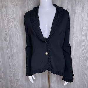 Vintage vertigo Paris ruffle button front cardigan sweater black button detail med