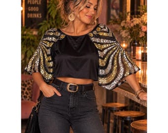 Camisa vintage de mujer de los 80, estilo años 80, con lentejuelas y estampado de mariposas recicladas, talla XL.