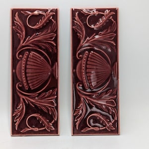 Vintage Burgundy Glazed Tiles: Pair of Rectangular Floral Tiles