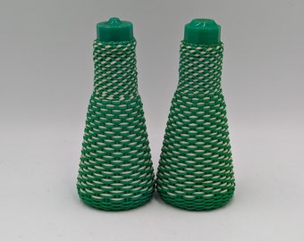 Gorgeous Vintage  1960's MCM Woven Green and White Plastic Salt And Pepper Shakers