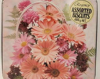 Vintage Regency Assorted Biscuits Tin: Floral Design, 1970s Gerberas
