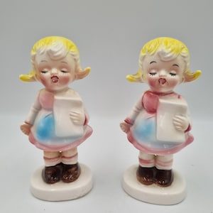 Singing Caroler Figurine, Hand Painted Girl with Book Whimsical Vintage 1950's Retro Mid-Century  (pair)