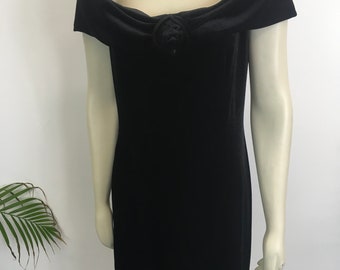 vintage BHS Black Velvet Velvet Off épaule robe de cocktail de soirée 12/14