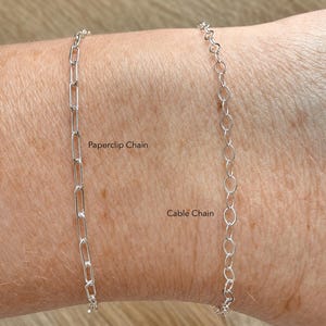 May include: Two silver-toned metal chains are displayed side by side. The left chain features elongated, rectangular links labeled Paperclip Chain, while the right chain consists of small, round, interconnected links labeled Cable Chain.