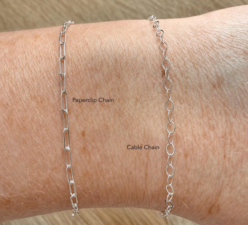 May include: Two silver-toned metal chains are displayed side by side. The left chain features elongated, rectangular links labeled Paperclip Chain, while the right chain consists of small, round, interconnected links labeled Cable Chain.