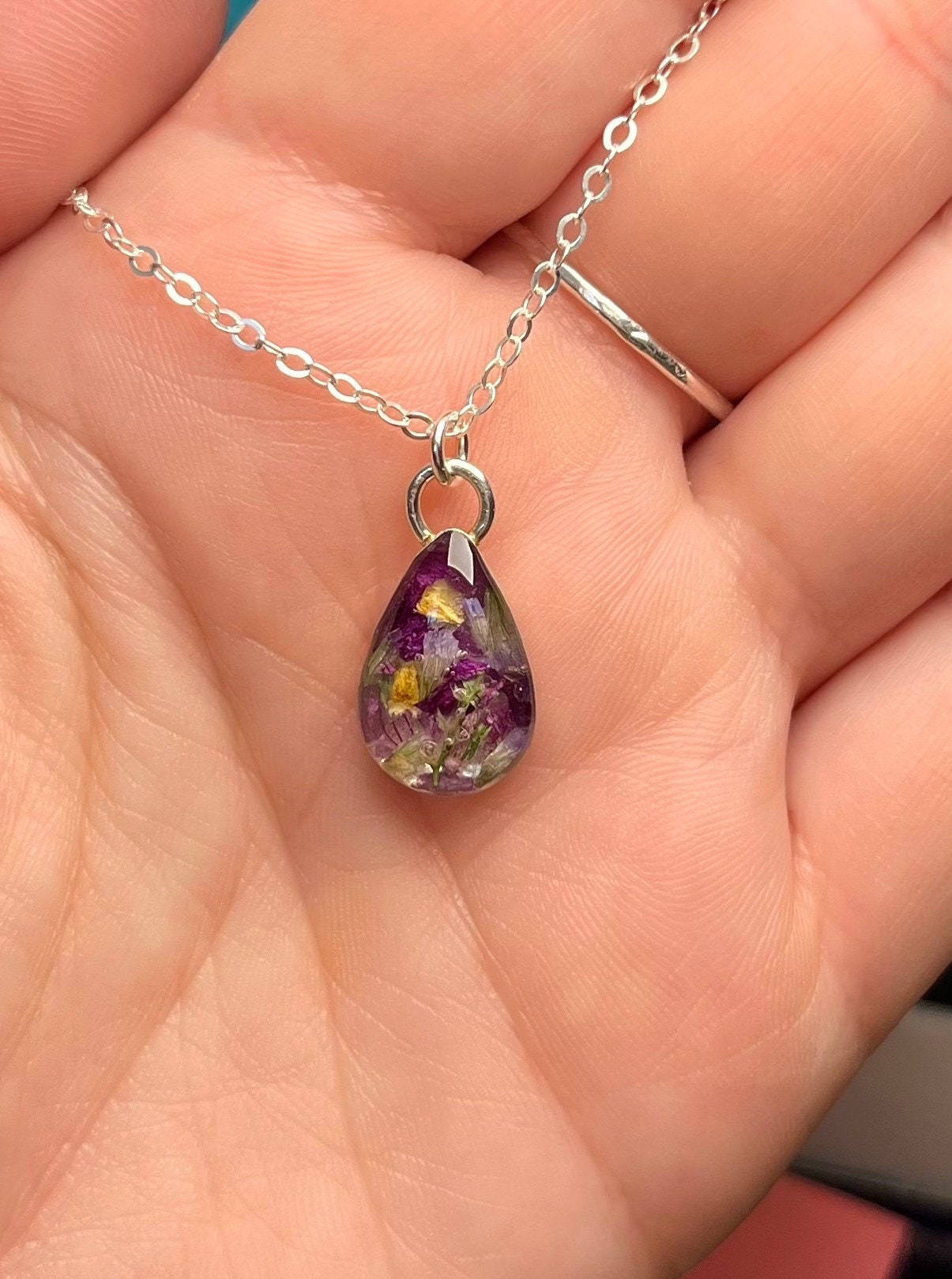 Real Dried Flowers and Resin Necklace, Small Gold Teardrop in Purples 14