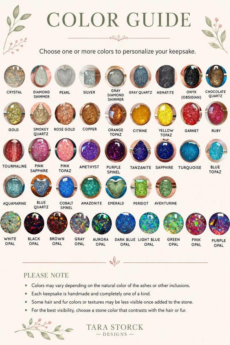 May include: A color guide chart for jewelry keepsakes featuring rows of circular and shaped gemstone samples labeled with names like Crystal, Diamond Shimmer, Pearl, Silver, Gray, Hematite, Onyx, Quartz, Gold, Topaz, Garnet, Ruby, and various Opals.