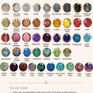 May include: A color guide chart titled COLOR GUIDE featuring rows of circular and shaped gemstone samples with labels including Crystal, Diamond Shimmer, Pearl, Silver, Gray Diamond Shimmer, Gray Quartz, Hematite, Onyx, Chocolate Quartz, Gold, Smokey Quartz, Rose Gold, Copper, Orange Topaz, Citrine, Yellow Topaz, Garnet, Ruby, Tourmaline, Pink Sapphire, Pink Topaz, Amethyst, Purple Spinel, Tanzanite, Sapphire, Turquoise, Blue Topaz, Aquamarine, Blue Quartz, Cobalt Spinel, Amazonite, Emerald, Peridot, Aventurine, and various Opal colors.