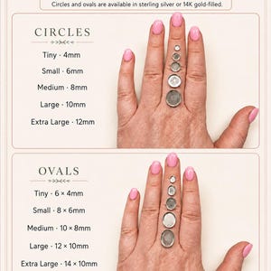 May include: A stone size guide chart for circles and ovals, featuring text labels for sizes ranging from 4mm to 14mm. The chart displays circular and oval settings on a hand for scale, with options available in sterling silver or 14K gold-filled.