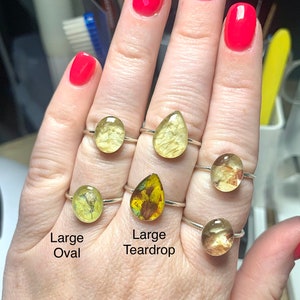 K&ouml;nnte beinhalten: F&uuml;nf Silberringe mit unterschiedlich geformten Harzsteinen. Die Steine sind klar und enthalten gepresste Blumen und Bl&auml;tter. Die Ringe sind mit "Large Oval" und "Large Teardrop" beschriftet.