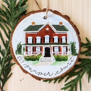 Woodslice Christmas Ornament Historic House Home Portrait Unique Gift Hand Painted Acrylic Wood Wooden