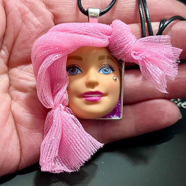 Up-Cycled Popular Doll Pendant Necklace, Pretty Pink Doll Necklace, Unusual & Artsy Doll Necklace, Doll Collectors Gifts