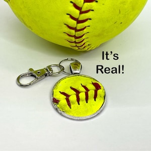Real Softball Keychain Charm, Real Softball Purse Charm, Coaches Gift, Softball Player Gifts, Real Leather Softball