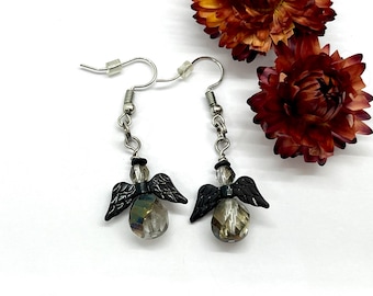 Little Gothic Angel Earrings, Fallen Angel Earrings, Black winged angel earrings