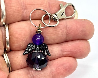 Purple Gothic Angel Clip On Charm: Faceted Bead Key Chain