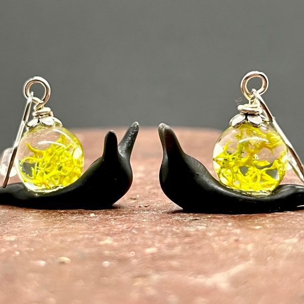 Terrarium Snail Earrings, Green Moss & Resin Earrings, OOAK Snail Earrings