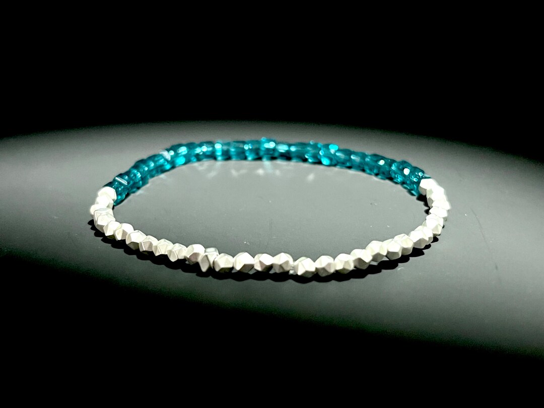 Itty Bitty Silver & Turquoise Beaded Stretch Bracelet, Teeny Tiny