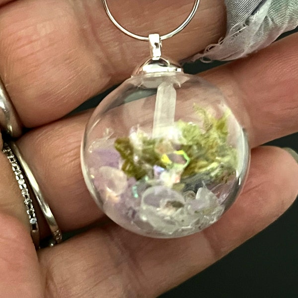 Crystal & Real Moss Terrarium Hanging Pendant, Glass Globe Crystal Terrarium, Crystal Terrarium Car Mirror Charm