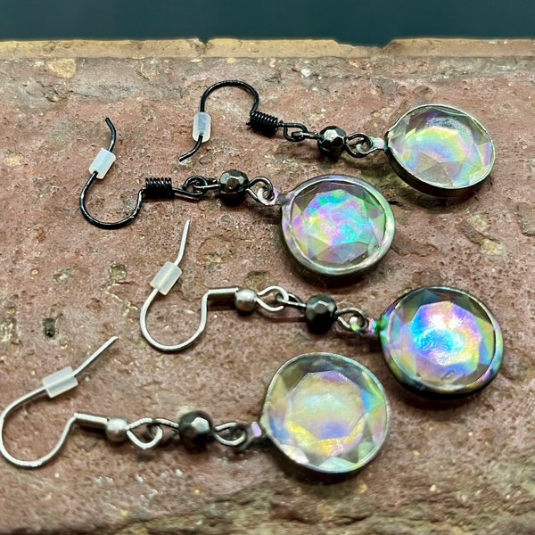 Victorian Inspired Round AB Faceted Crystal Dangle Earrings, Salvaged & Re-Purposed Jewelry