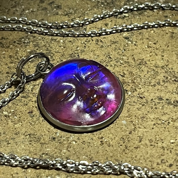 Two Tone Resting Moon Face Pendant Necklace, Blue & Pink Moon Face Pendant, Zen Moon Pendant