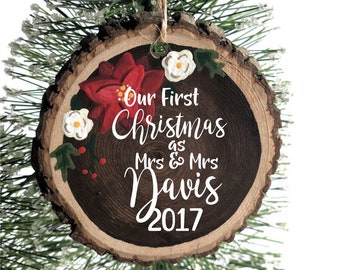 Personalized First Christmas Ornament: Newlywed Gift, Hand-Painted Wood Slice
