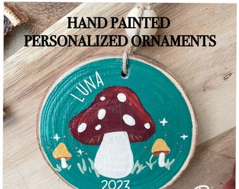 Personalized Mushroom Christmas Ornament: Hand-Painted Wood Slice