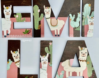 Llama Nursery Decor: Hand-Painted Wooden Letters, Boho Cactus Theme