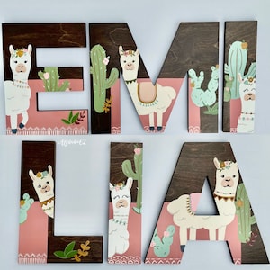 Llama Nursery Decor, Wooden Letters for Nursery, Boho Nursery Girl, Hand Painted Wood Letters Boho, Llama Cactus Nursery, Name Sign Llama