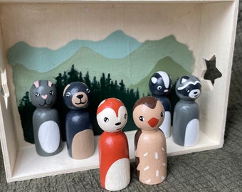 Handpainted Wooden Peg Dolls: Forest Animal Playset, Nursery Decor