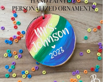 Personalized Rainbow Wood Slice Ornament: Hand-Painted Christmas Decoration