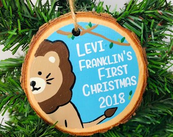 Personalized Baby's First Christmas Ornament: Hand-Painted Lion Wood Slice