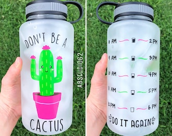 Motivational Water Bottle, Cactus Water Bottle, Water Intake Tracker, Exercise Water Bottle, Work Out Bottle, Cactus Gift,  Succulent Gift