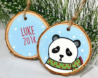 Personalized Panda Christmas Ornament: Hand-Painted Wood Slice