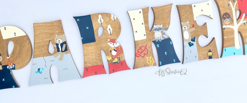 Wooden Letters for Nursery, Camping Nursery Decor, Lumberjack Nursery, Little Campers Set, Hand Painted Wood Letters, Woodland Creatures image 7