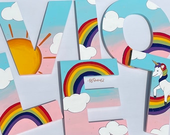 Rainbow Unicorn Wooden Name Sign: Hand-Painted Nursery Decor