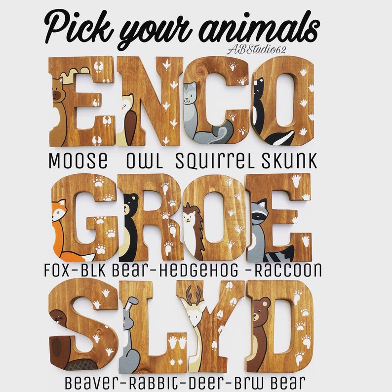 Hand Painted Woodland Nursery Wooden Letters: Animal Decor image 5