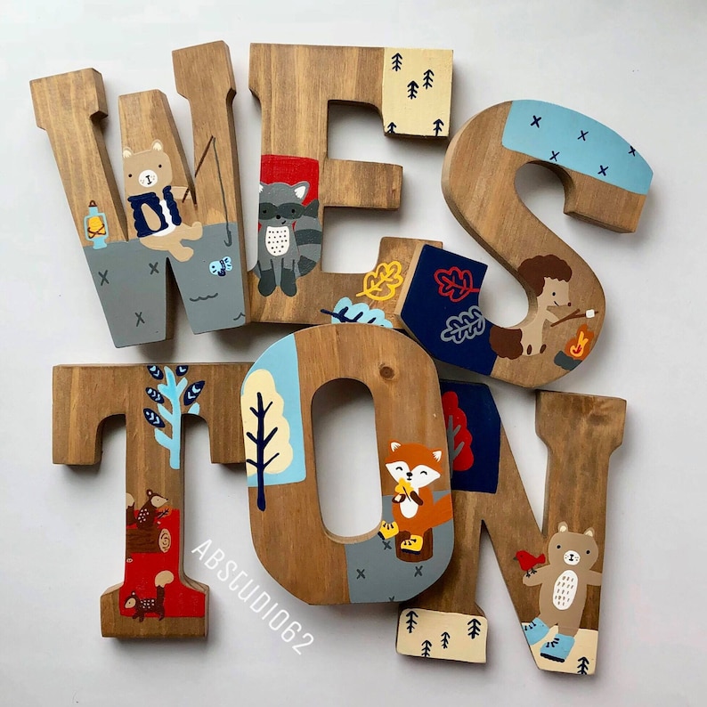 Wooden Letters for Nursery, Camping Nursery Decor, Lumberjack Nursery, Little Campers Set, Hand Painted Wood Letters, Woodland Creatures image 5