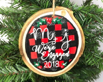 Engaged Ornament, Engagement Gift for Couple, Rustic Engagement Ornament, Engagement Ornament Wood, We're Engaged Ornament, Buffalo Plaid