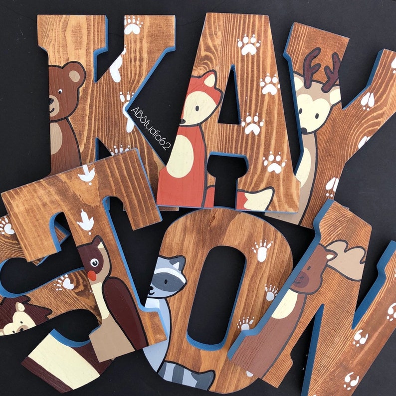 Hand Painted Woodland Nursery Wooden Letters: Animal Decor image 4