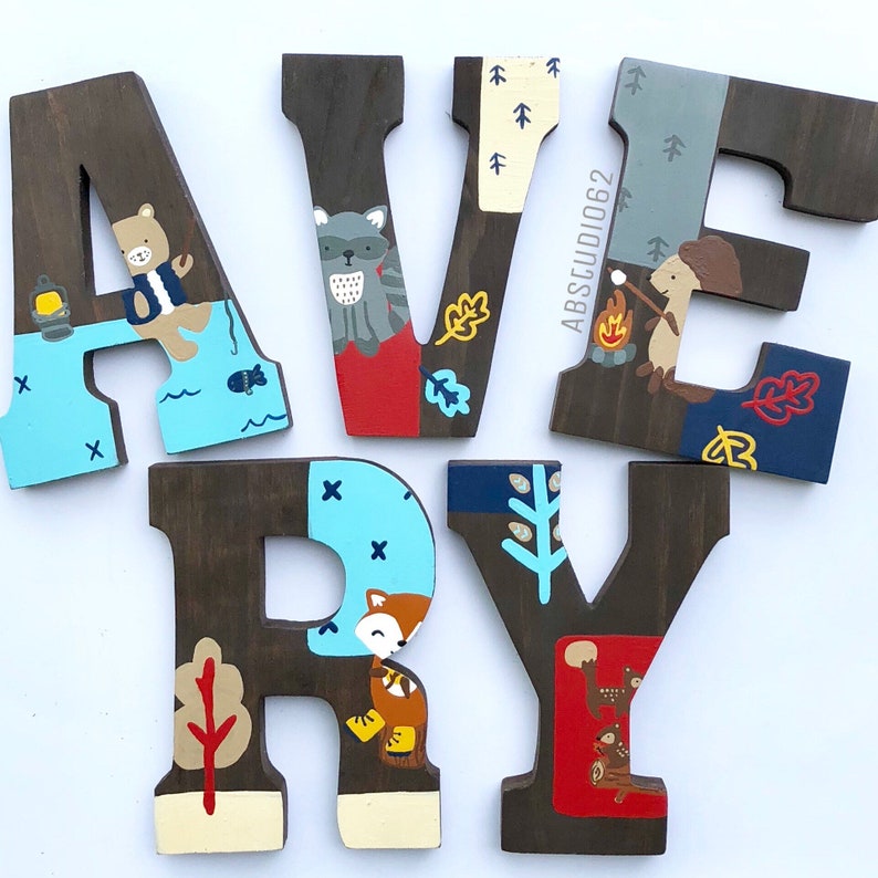 Wooden Letters for Nursery, Camping Nursery Decor, Lumberjack Nursery, Little Campers Set, Hand Painted Wood Letters, Woodland Creatures image 9