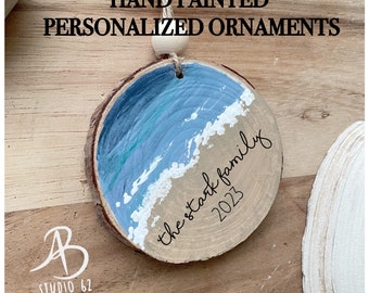Personalized Beach Engagement Ornament: Hand-Painted Wood Slice