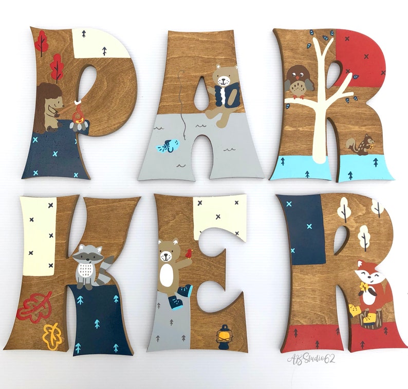 Wooden Letters for Nursery, Camping Nursery Decor, Lumberjack Nursery, Little Campers Set, Hand Painted Wood Letters, Woodland Creatures image 1