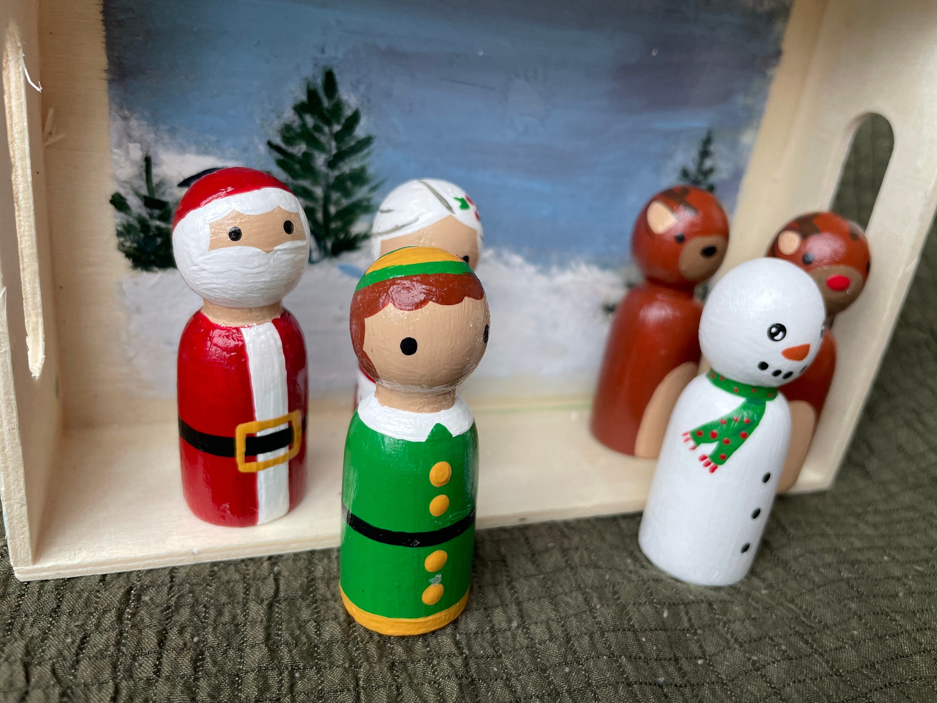 Handprinted Wooden Peg Doll Holiday Set: Christmas Decor - Etsy