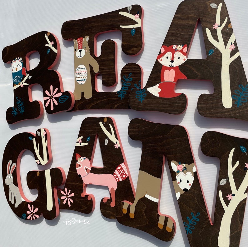 Wooden Letters for Nursery, Woodland Nursery Decor, Hand Painted Wood Letters, Woodland Creatures, Girl Nursery Decor Floral image 1