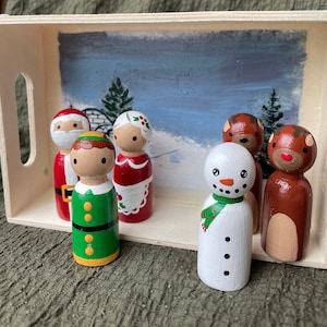 Handprinted Wooden Peg Doll Holiday Set: Christmas Decor