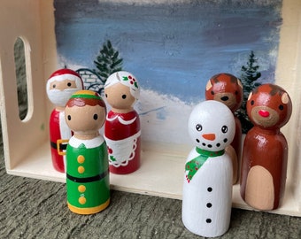 Handprinted Wooden Peg Doll Holiday Set: Christmas Decor