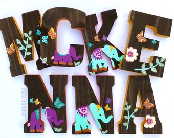 Wooden Letters for Nursery, Elephant Girl Nursery, Butterflies and Elephants, Hand Painted Wood Letters, Butterfly Nursery Decor
