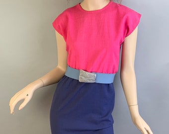 Vintage Color Blocked Dress//80sLinen Dress//Vintage 2 Toned Pink and Blue Dress